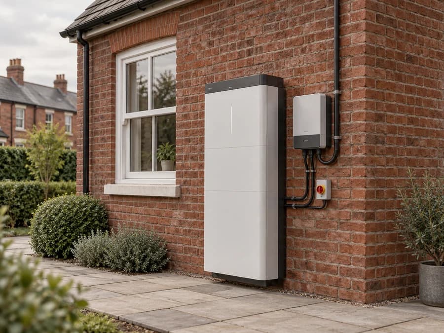 Illustration of a home battery against a Manchester red-brick house