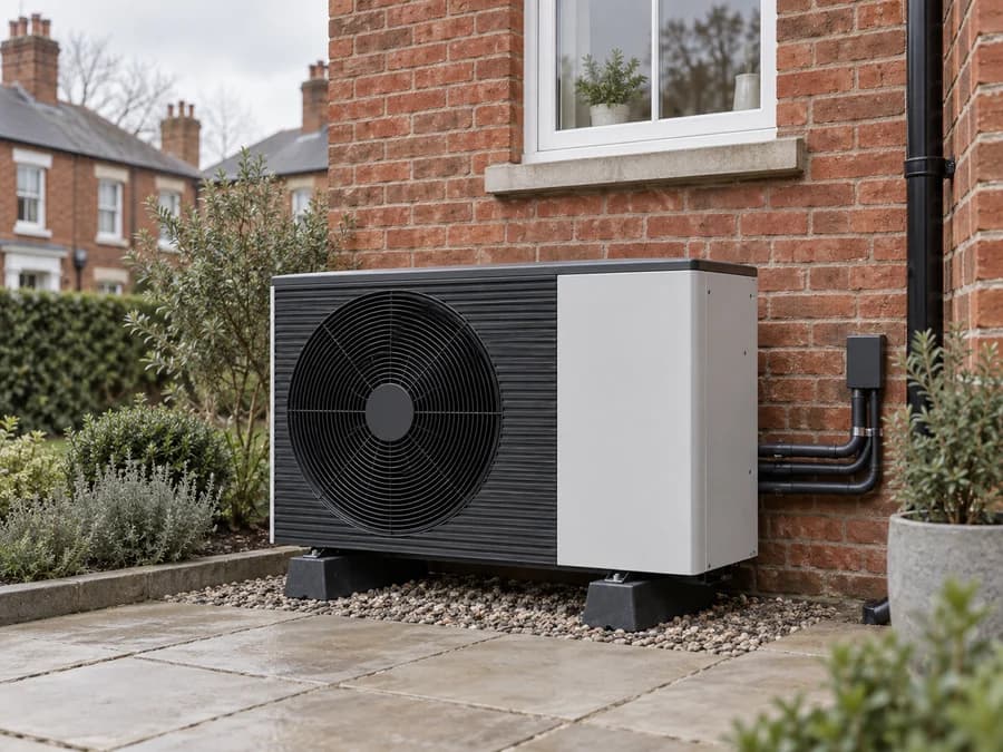 Illustration of an air-source heat pump beside a Manchester red-brick home