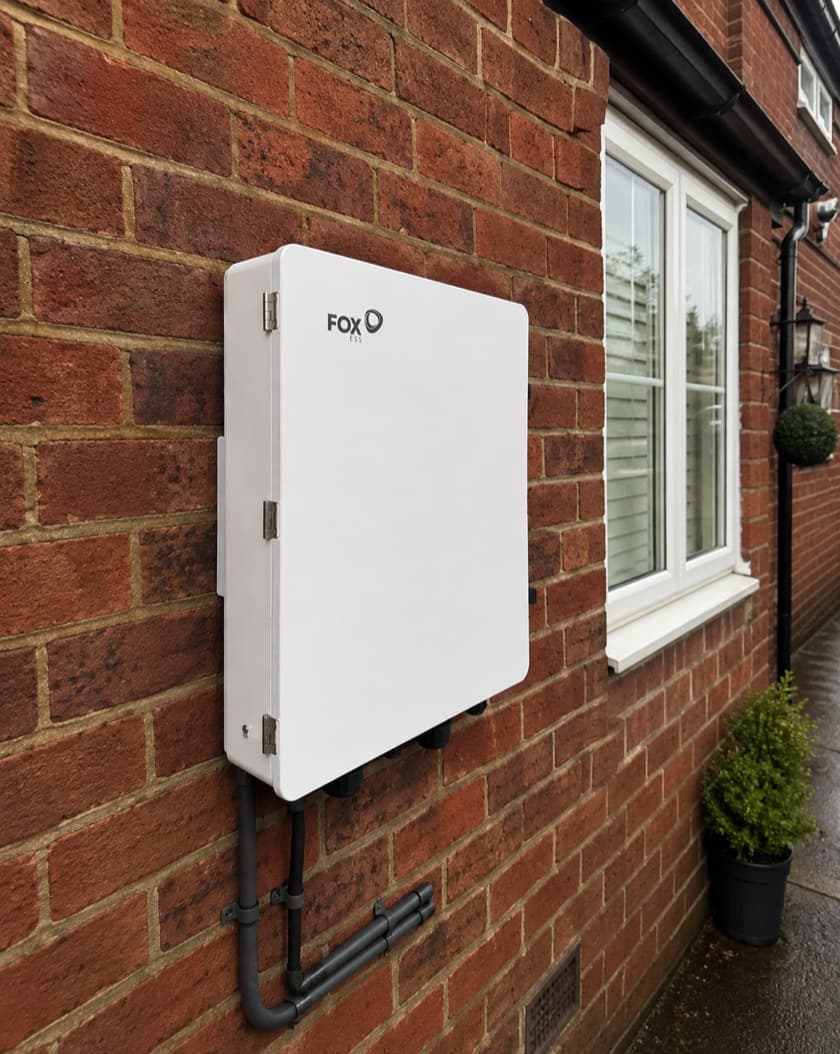 The Fox ESS Gateway installed on the outside wall of a brick home